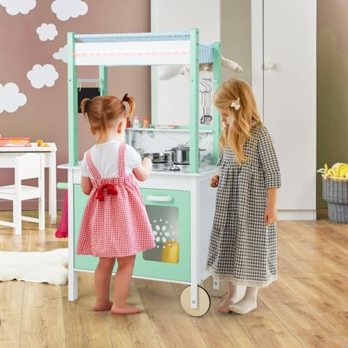 GOPLUS 2 en 1 Cocina Juguete y Tienda Infantil de Madera, Juguete de Cocina con Luz LED y Mando a Distancia, Cocinitas con 17 Accesorios, Juego de Imitación con Rueda, 3+ Años, 39 x 70 x 120 cm