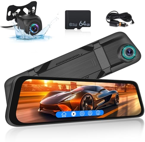 11.8 Pulgadas Espejo retrovisor con Camara - Delantero y Trasero Vista de Copia de Seguridad de cámaras para Coches - Grabación en Bucle Asistente de Aparcamiento G-Senors + 64G Tarjeta