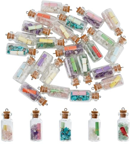 DICOSMETIC 24 Mini Breloques Bouteille en Verre avec Éclats de Pierres Précieuses Naturelles Remplies Pierres Précieuses Collier de Bouteille en Verre pour la Fabrication de Bijoux Cadeaux