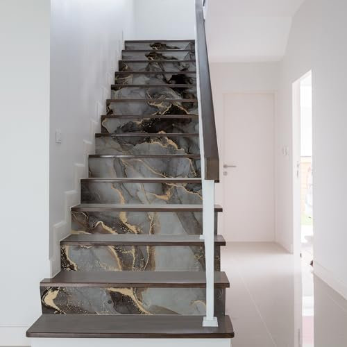 Funlife 14Pcs Stair Riser Decals Self-Adhesive Staircase Steps Stickers Stairway Wallpaper for Home Office Decor, Dark Grayish Marble