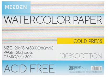 MEEDEN Aquarellpapier Block - 100% Baumwolle Aquarellpapier Block mit 20 Blättern, 140lb/300gsm, säurefreies Kunstpapier für Aquarell, Gouache, Tinte und mehr, 53 x 38cm Cold Press