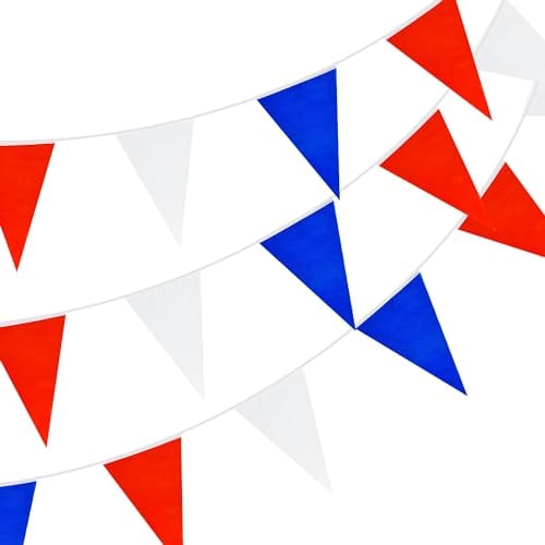 BEISHIDA 30,5 m, 83 Stück rot-weiß-blaue Wimpelflaggen, Banner, wiederverwendbare Wimpelkette, dreieckige Flaggen, patriotische Themen-Neujahrsparty-Dekoration, Kindergeburtstag, Innen- und