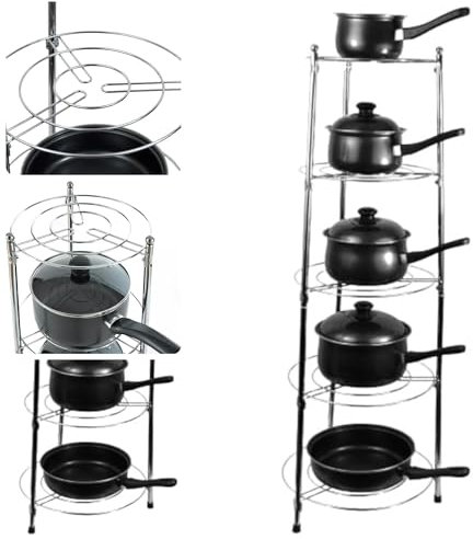 KAYNUR 5 Tier Chrome Pan Stand Pot Organiser - Multi-Functional Stainless Steel Free Standing Saucepan Rack and Lid Organizer for Home Kitchen