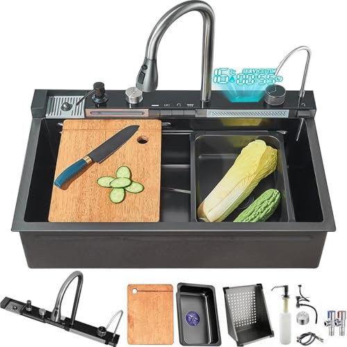 Küchenspüle Multifunktionale digitale Wasserfall Spühlbecken, Moderner Luxus 1 becken Spüle Edelstahl,Mit Tassenwaschmaschine, Seifenspender, Armaturenset (Dunkelgrau, 68 * 45cm)
