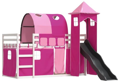 vidaXL Bunk Bed with Slide & Curtains - Pink 90x190 cm, Kids Twin Sleeper, Pine Wood, Indoor Playground with Safety Guardrails, Space-Saving Design