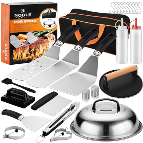 N NOBLE FAMILY 27 PCS Griddle Accessories Kit, Flat Top Grill Accessories Set for Camping, Professional Griddle Spatula Set with Melting Dome, Burger Press for Outdoor BBQ Teppanyaki