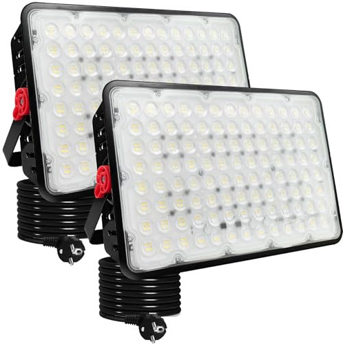 Indmird LED Strahler Außen 400W, 2 Stück 40000LM Led Aussenstrahler 6500K Kaltweiß Led Scheinwerfer IP66 Wasserdicht Baustrahler Led Flutlicht für Garten Garage Sportplatz Hof Flur
