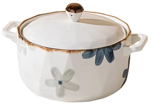 Dowbom Suppenschüssel mit Deckel, große Ramenschüssel, Keramik, Instant-Nudelschüssel, mikrowellengeeignet, große Suppentasse (weiße Blume, 1600 ml)