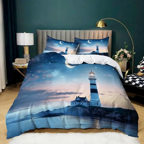 Strandurlaub Weiche Mikrofaser Bettwäsche 180 x 200 cm - Atmungsaktiv Hautfreundlich Bettwäsche Bunt - Klassisch Streifen Küste Seefahrt Leuchtturm Waschbar Bettbezug für Allergiker geeignet