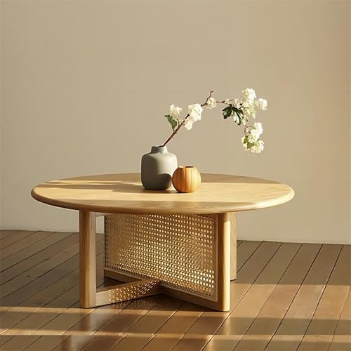 Locuetyn Kleiner Rattan-Couchtisch, Boho-Massivholz-Couchtisch, moderner runder Beistelltisch, schmaler Nachttisch, für Wohnzimmer, Wohnung, Büro