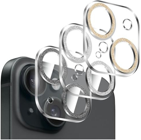 Kucheed 3 Pezzi Protezione per Fotocamera Lucida per iPhone 13/iPhone 13 Mini, Scocca in Acrilico Trasparente Monoblocco con Decorazione Colorata con Glitter Cover Posteriore per Fotocamera