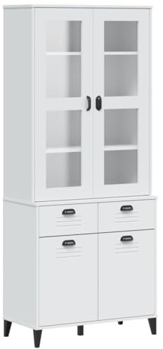 Hommdiy Highboard VIKEN Massivholz Kiefer Wohnzimmer Multifunktionsschrank, Küchenschrank Holz Weiß 80x40x190 cm