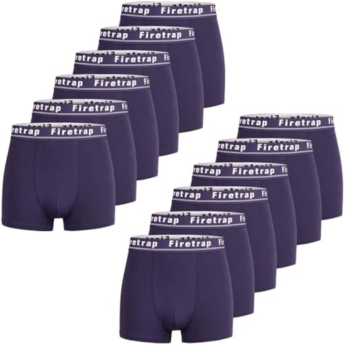Firetrap Mens 12 Pack Designer Boxer Shorts, Underwear Gift Set Trunks Comfortable Stretch Cotton Plain Colours Mens Briefs All Blue XXL