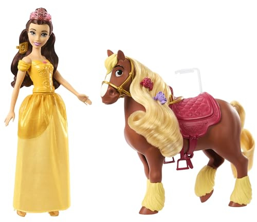 Mattel Disney Princess Toys, Belle Modepuppe & Philippe Pferd mit Sattel, bürstbare Mähne & Schwanz & 4 Styling-Accessoires, inspiriert vom Film