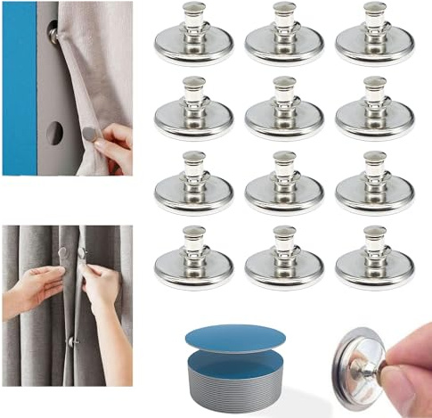 Premium Curtain Magnets Closure - 12 Magnetic Curtain Clips with Patch, Strong Hold, Easy to Use, Light-Blocking, Versatile for Home, Office, Travel –Perfect for Curtains, Shower Liners, Tablecloths