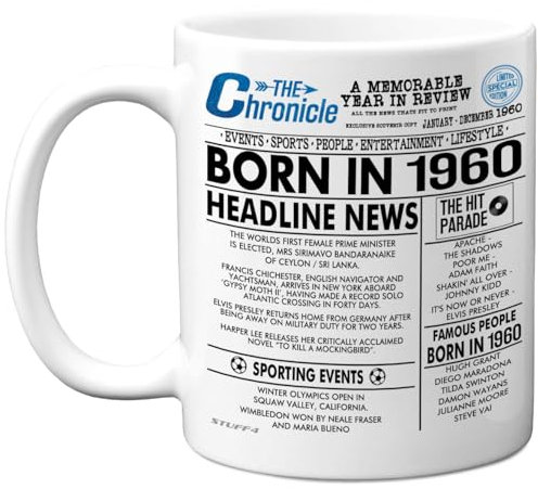 Stuff4 65th Birthday Mug Gift for Men Women - Born in 1960 Newspaper - Happy 65 Birthday Gifts for Grandad Grandma Nan Vintage Retro Back in 1960 Age Sixty-Five Bday, 11oz Ceramic Coffee Mugs
