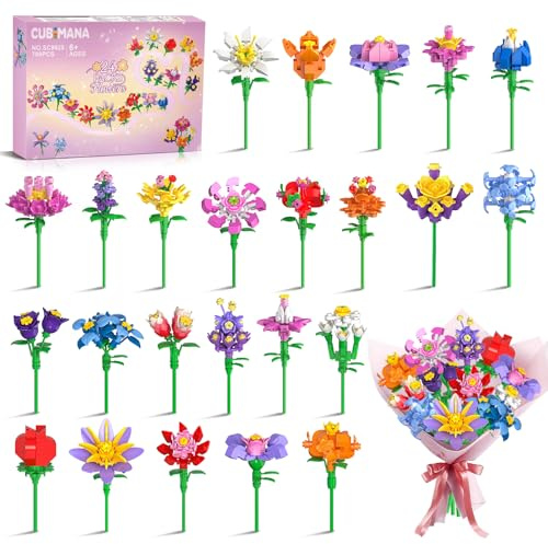 Confezione da 24 bouquet di fiori per feste per bambini, 789 pezzi, mini blocchi da costruzione botanici da 3,6 mm, per premi in classe, cesto pasquale, calza della Befana, regalo di compleanno per