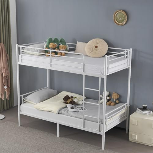 Twin Over Twin Bunk Bed, Heavy Duty Metal Single Bunk Bed Frame with Ladder & Safety Guard Rails, Space Saving High Sleeper Beds for Kids, Teens & Adults (White)