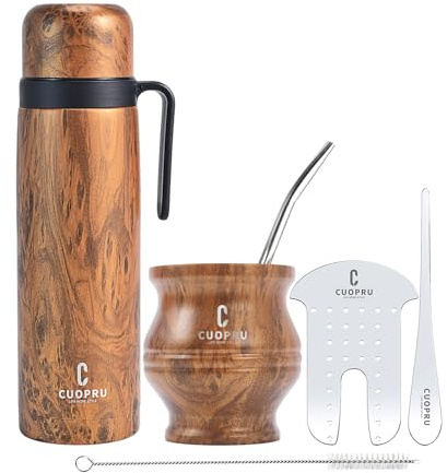 Cuopru Yerba Mate - Juego de taza y termo – Calabaza mate moderna, frasco térmico, bombilla y cepillo de limpieza incluidos, acero inoxidable 304 18/8 de alta calidad (grano de madera)