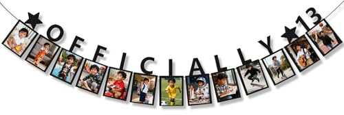 Party-Dekorationen zum 13. Geburtstag für Mädchen und Jungen, Geburtstagsfoto-Banner, Teenager-Banner, Wachstumsmeilenstein, Wandbehang mit Klebstoff und Schnur für Partyzubehör (schwarz)