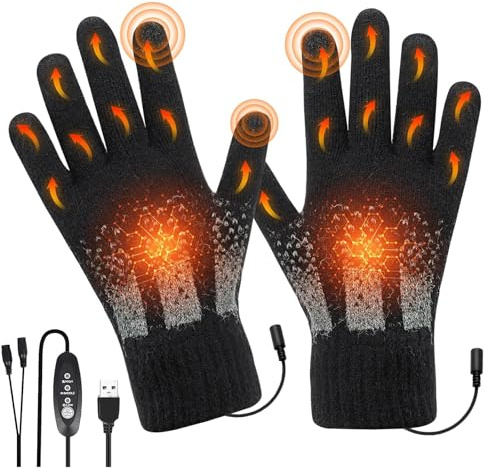 Heated Gloves for Men Women, Double-Side Heated Hand Warmers Gloves, 3 Levels Temperature Thermal Heated Mittens, Touch Screen Full Finger Knitted USB Hand Warmer Gloves for Winter
