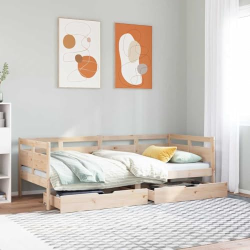 Holamys Tagesbett mit Schubladen 90x200 cm, Massivholz Kiefer, Robustes Bettgestell, ausziehbares Schlafsofa für Gästezimmer, natürlicher Look