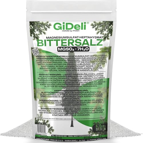 GiDeli Bittersalz Magnesiumsulfat 5 kg Dünger für Koniferen & Thuja | reich an Magnesium und Schwefel, wasserlösliche Kristalle, für Nadelbäume und Hecke, sichtbare Wirkung