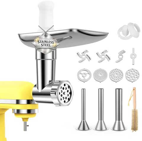 Fleischwolf Aufsatz Edelstahl für KitchenAid Standmixer - Fleischwolf Zubehör mit 4 Mahlscheibe, 3 Wurstfüllhörner, 2 Schleifklingen - Spülmaschinenfest - Standmixerzubehör für KitchenAid von MMOBIEL