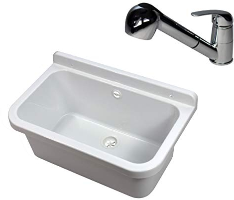 VBChome Fregadero con grifo, 55 x 34 x 21 cm, lavabo con rebosadero, para camping, comercio, lavadero, jardín, incluye desagüe