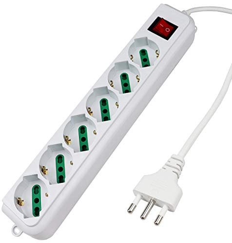 Extrastar Multipresa Ciabatta Elettrica con 6 Prese Universali ITA 10/16A e Schuko, Interruttore Luminoso, Cavo 1,5 m con Spina Italiana 16A, Bianco, bipasso.