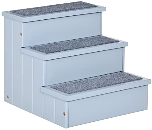 PawHut Hundetreppe 3 Stufen Katzentreppe Haustiertreppe Hundetreppe für Hunde und Katzen Tiertreppe Einstiegshilfe mit Teppich Stauraum für Sofa Bett Tannenholz Grau 40,5 x 44,5 x 38 cm