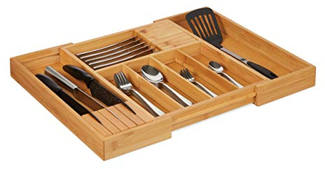 Relaxdays Besteckkasten Bambus, ausziehbar, 2 Messerblöcke, Schubladeneinsatz mit 5-7 Fächern, HBT 5 x 56 x 43 cm, natur, Hellbraun