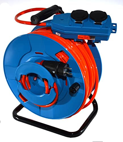 Hilark Garten-Elektrokabeltrommel, Rückspule, Kabeltrommel H07BQ-F 3g2,5 mm2, Schuko-Stecker und blau Schuko-Steckdosenblock, Klappsteckdose (30 meter, Orange)