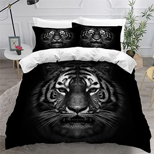 ZLKEJI Bettwäsche Set Wilder Tigerkopf Bettwäsche 135x200+80x80cm Schwarz Und Weiß Bettbezug Set Lustiges Tier 3D Bedruckte Betten Set für Kinder Jungen Mädchen Tier Thema Raumdekor Kuschelig