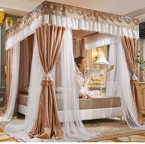 Betthimmel Betthimmel Mit 4 Eckpfosten Für Twin Queen King, Mit Spitze Bestickter Luxus-Bettvorhang, Moskitonetz Mit Ständer (Color : Khaki, Size : 180X220cm/71X87inch)