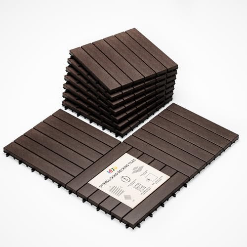 IDZO Interlocking Acacia Deck Tiles 9.6 SQFT, 10PCS, Dark Brown, Stripe