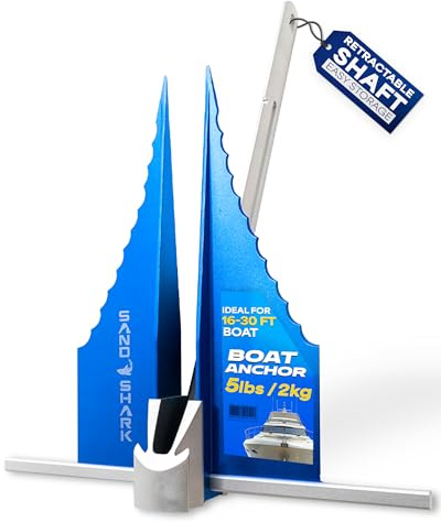 SandShark Premium Fluke Anchor-Retractable Shaft for Easy Storage-Aluminum Pontoon Boat Anchor for Boats to 30 ft-Under 5lbs. Must Have Sand Anchor for Boat, Boat Anchor Kit, Pontoon Boat Accessories