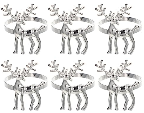 Luxshiny 6 Stücke Weihnachten Elch Serviettenringe Hirsch Serviettenring Halter Legierung Rentier Serviettenschnallen Weihnachten Esstisch Dekoration (Silber)
