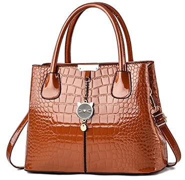 NICOLE & DORIS Sac Classique pour Femme - Sac à Main en Cuir Verni avec Motif Croco et Pendentif Marron
