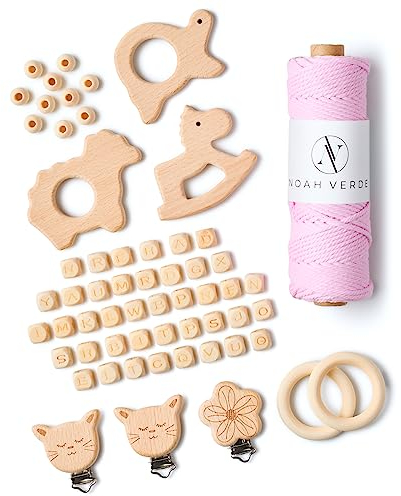 NOAH VERDE Makramee-Baby-Set Rosa, Makramee Garn 3mm Baumwolle, Macrame-Bastel Set Anfänger mit Video-Anleitung, Makramee Zubehör, Schnullerkette selber machen Set, Baby Geschenk Mädchen pastell