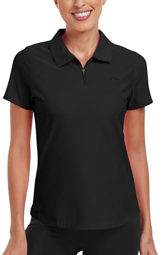 AjezMax Women's Short Sleeve Polo Shirts Lady-fit Casual Summer UPF50+ Sports Golf Work Tee Tops Black M