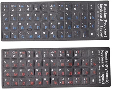 GOWENIC 2PCS Autocollants pour Clavier Russe, Remplacement des Lettres du Clavier Russe-Anglais, Fond Noir avec Autocollants colorés pour claviers d'ordinateurs Portables 10-17(1 Bleu 1 Rouge)