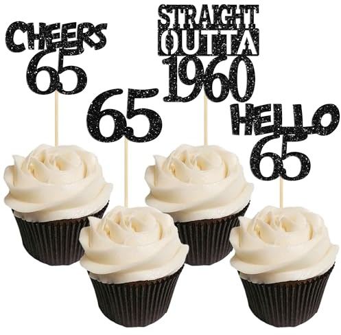 Gyufise Cupcake-Topper Straight Outta 1960, glitzernd, 65. Geburtstag, Kuchendekorationen für 65. Geburtstag, Partyzubehör, Schwarz, 24 Stück