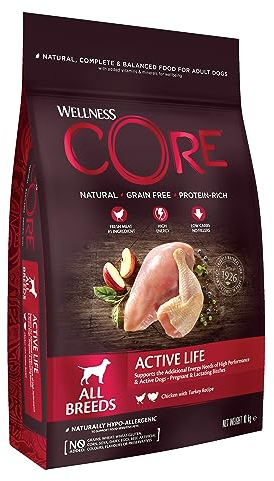 Wellness CORE Active Life, Huhn & Pute, 10 kg, Hundefutter trocken für aktive, ausgewachsene Hunde, ohne Zuckerzusatz, getreidefrei, mit hohem Fleischanteil