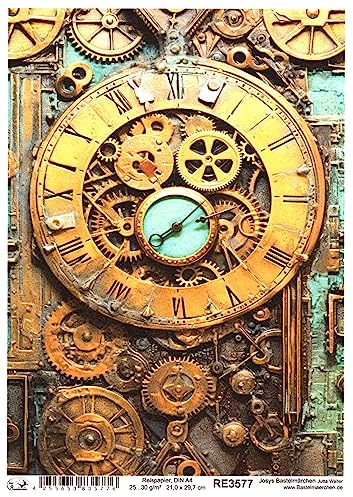Josys Bastelmärchen Reispapier A4 Strohseide Decoupage Steampunk Cyberpunk Rost Shabby Uhr RE3577