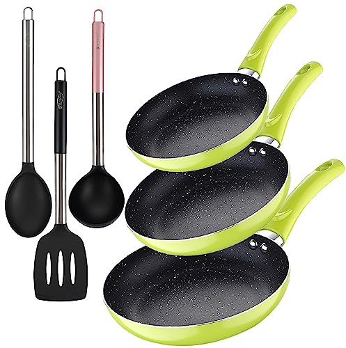Set 3pc sarten (20+24+28cm) aluminio prensado verde con Set 3pc utensilios de cocina nylon