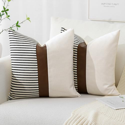 Artscope 2er Set Streifen Kissenbezüge Boho Kissenhülle Leinen Kissenbezug mit Braunes Kunstleder Sofakissen Geometrische Dekokissen für Sofa Büro Couch Schlafzimmer Wohnzimmer 50x50cm Schwarz
