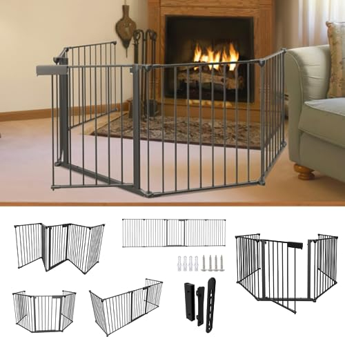 Ikodm Barrera de Seguridad para Niños y Mascotas 310cm,Protectora para Chimenea con Puerta, protección para Animales, 5 Piezas Negro