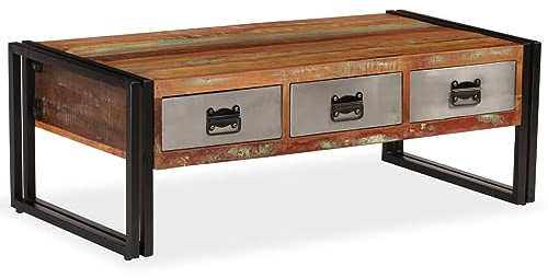 GuyAna Couchtisch mit 3 Schubladen Altholz Massiv 100x50x35 cm Quadratischer Couchtisch