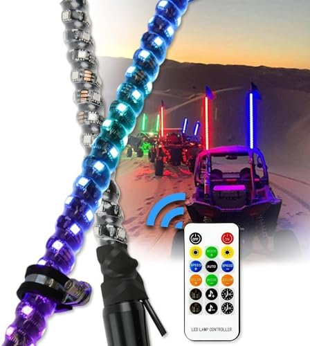 TIST LED Flagpole Light Remote Control Led Off-road Beach Flagpole Light, 2 Pack 3FT Whip Lights Colorful Spiralled Whip Light